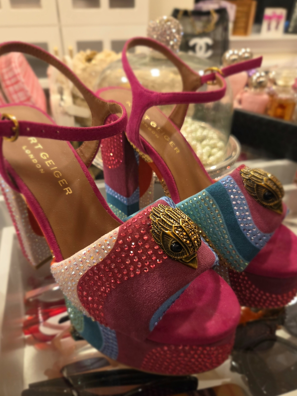 Kurt Geiger Pink & Turquoise Embellished Block Heels - Picture 4 of 6